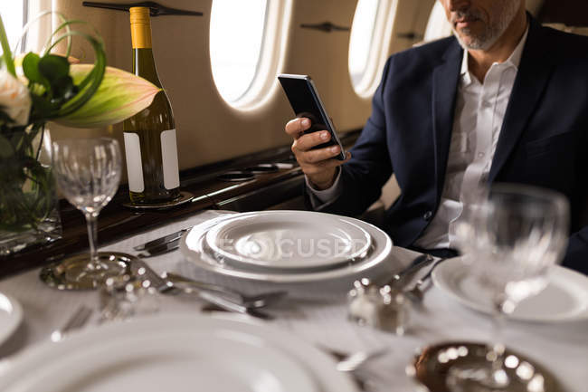 Mid section of businessman using mobile phone in private jet — Stock Photo