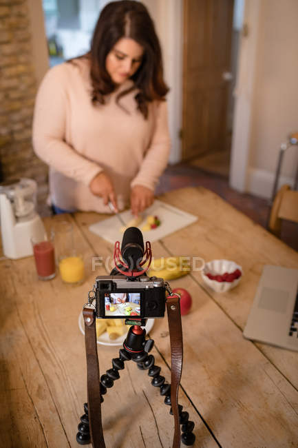 Female video blogger recording video vlog at home — Stock Photo