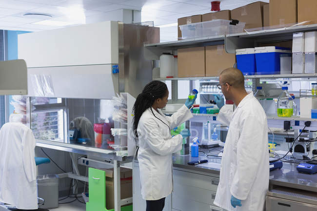 Cientistas discutindo sobre a solução química em garrafa no laboratório — Fotografia de Stock