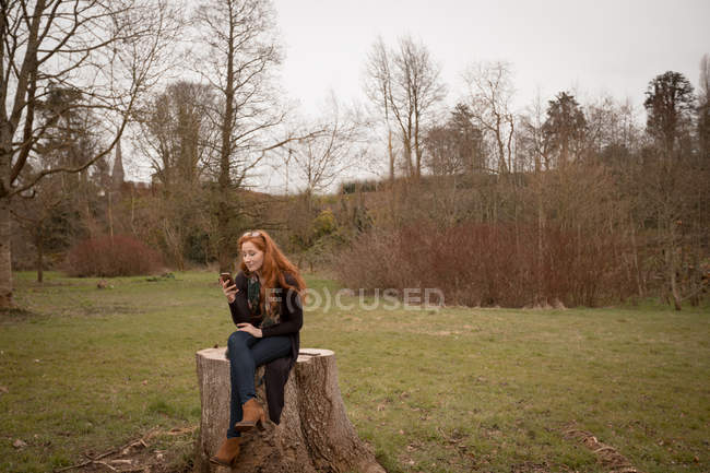 Красива жінка, використовуючи мобільний телефон, сидячи на пні на дереві — стокове фото