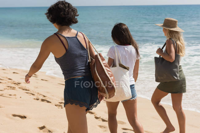 Vista posteriore di amiche che camminano in spiaggia — Foto stock