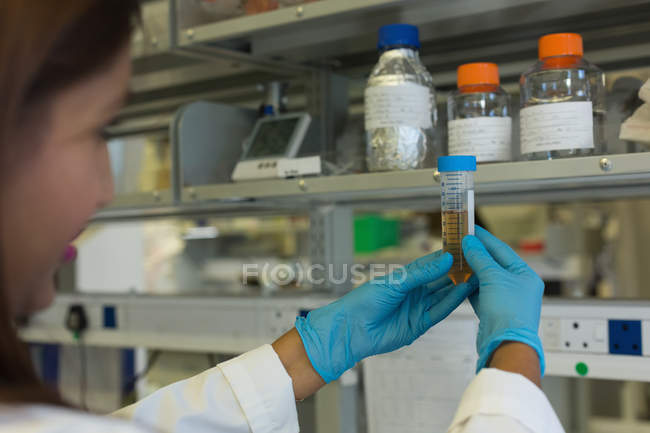 Wissenschaftler überprüft Lösung im Reagenzglas im Labor — Stockfoto