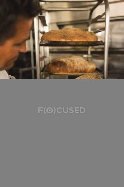 Male baker checking baked bread in bakery shop — Stock Photo