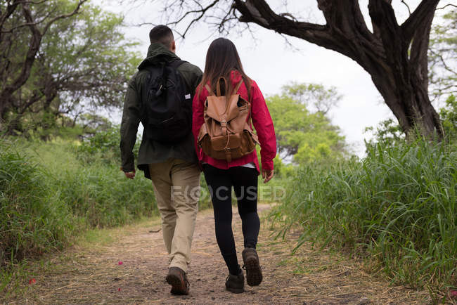 Visão traseira do casal caminhando juntos em um caminho no campo — Fotografia de Stock