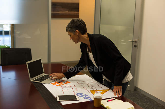 Mulher de negócios madura usando laptop na mesa no escritório — Fotografia de Stock