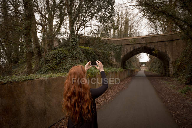Vista trasera de la mujer haciendo clic en la foto con el teléfono móvil en la carretera rural - foto de stock