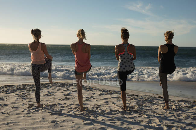 Задний вид на женщин-волейболистов, тренирующихся вместе на пляже — стоковое фото