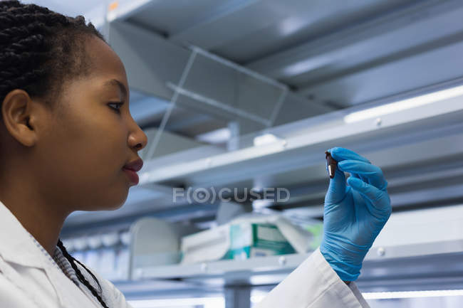 Cientista estudando pequeno dispositivo em laboratório — Fotografia de Stock
