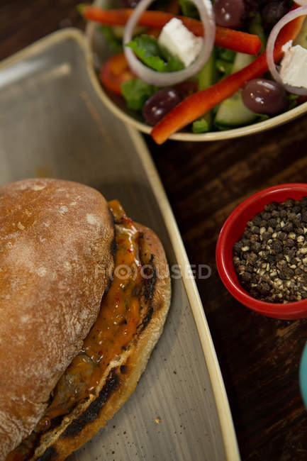 Close-up of meat burger served in tray — Stock Photo
