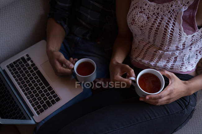 Sección media de la pareja tomando té de limón mientras usa el portátil en casa - foto de stock