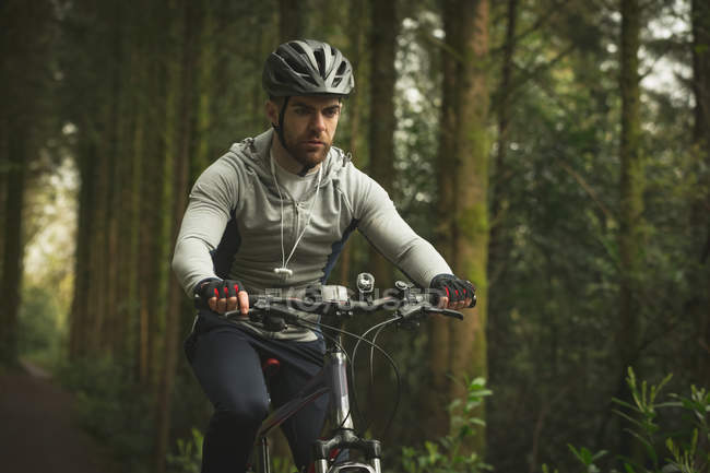 Ciclista en ropa deportiva montando bicicleta a través del bosque - foto de stock