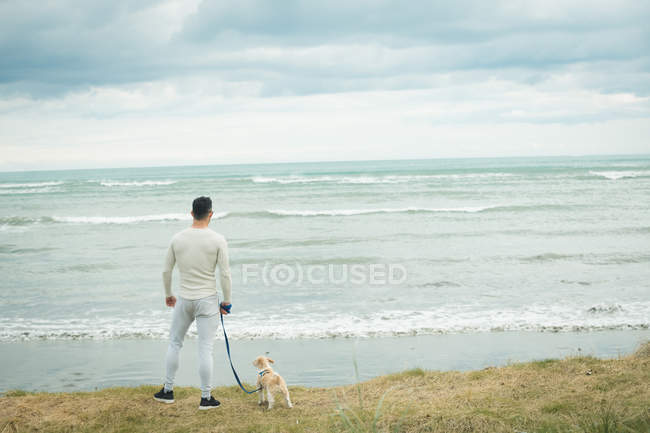 Visão traseira do homem com seu cão em pé na praia — Fotografia de Stock