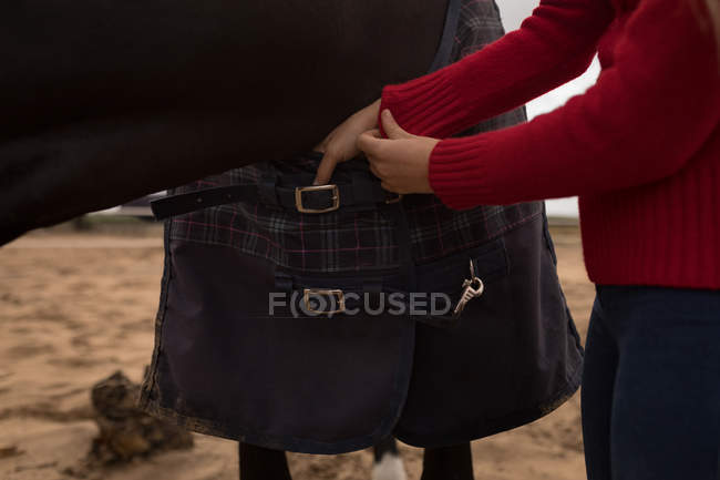 Mid section of girl checking animals cloth in the ranch — Stock Photo