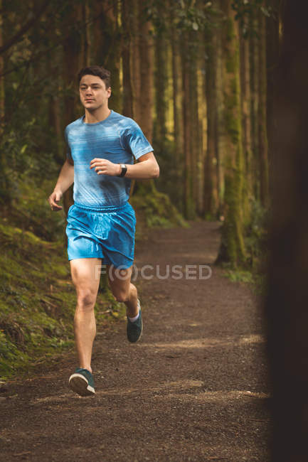 Jeune homme jogging dans la forêt — Photo de stock