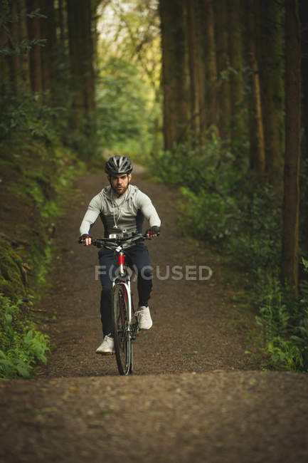 Ciclista em sportswear andar de bicicleta através da floresta exuberante — Fotografia de Stock