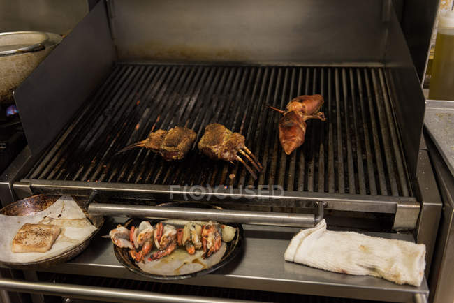 Paneer sticks with chicken on a barbecue in restaurant — Stock Photo