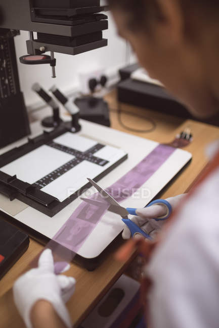 Female photographer cutting filmstrip with photos — Stock Photo