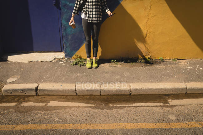 Baixa seção de mulher jovem em pé contra uma parede em um pavimento — Fotografia de Stock