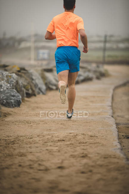Человек с видом сзади бегает по набережной на пляже — стоковое фото