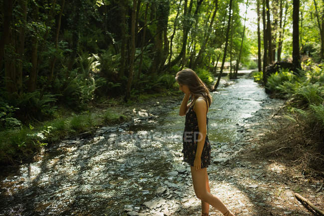 Bella donna che si muove verso la costa del fiume nella foresta verde — Foto stock