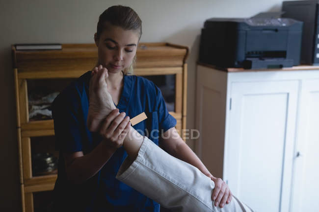 Fisioterapeuta dando uma massagem nas pernas para a mulher idosa em casa — Fotografia de Stock
