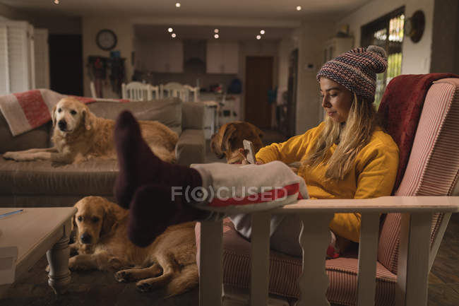 Fille avec des chiens utilisant téléphone portable dans le salon à la maison — Photo de stock