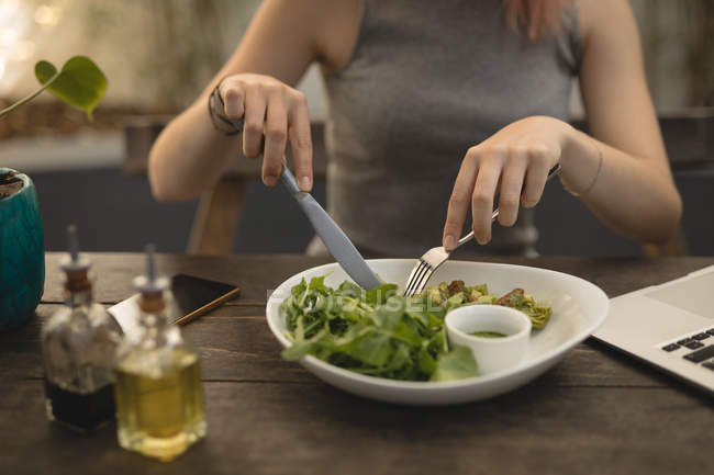 Средняя часть молодой женщины ест салат в кофейне — стоковое фото