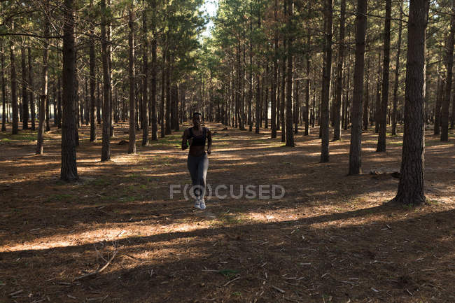 Determined female athlete jogging in the forest — Stock Photo