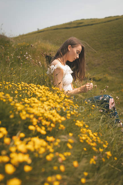 Mulher bonita sentada em um prado — Fotografia de Stock
