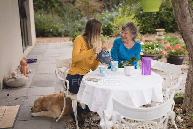 Petite-fille et grand-mère prenant le thé dans la cour arrière — Photo de stock
