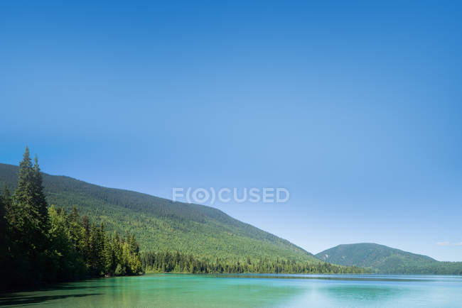 Зеленая гора с озером и голубым небом в солнечный день — стоковое фото
