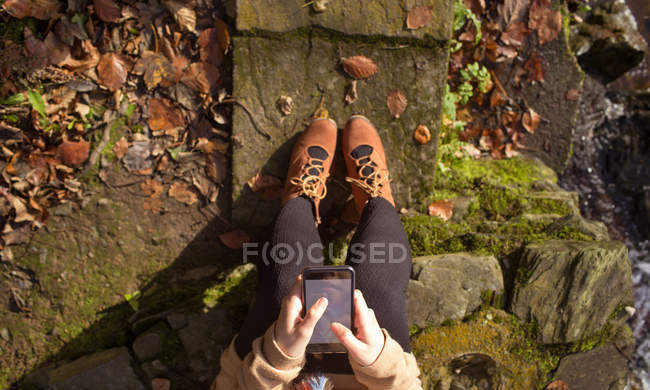 Sezione bassa di donna che utilizza il telefono cellulare durante l'autunno — Foto stock