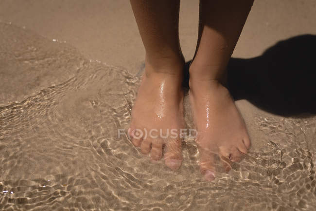 Baixa seção de criança em pé na água na praia em um dia ensolarado — Fotografia de Stock
