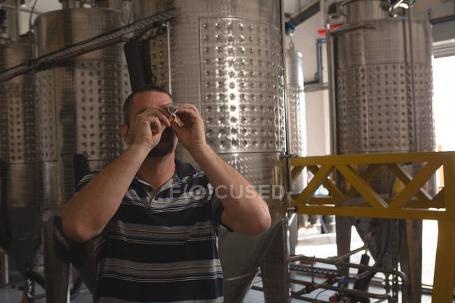 Worker checking quality of gin in factory — Stock Photo