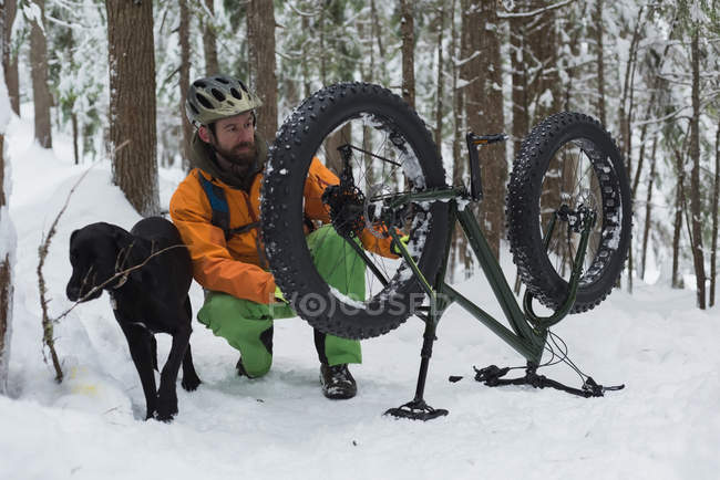 Man with dog repairing bicycle in forest during winter. — Stock Photo