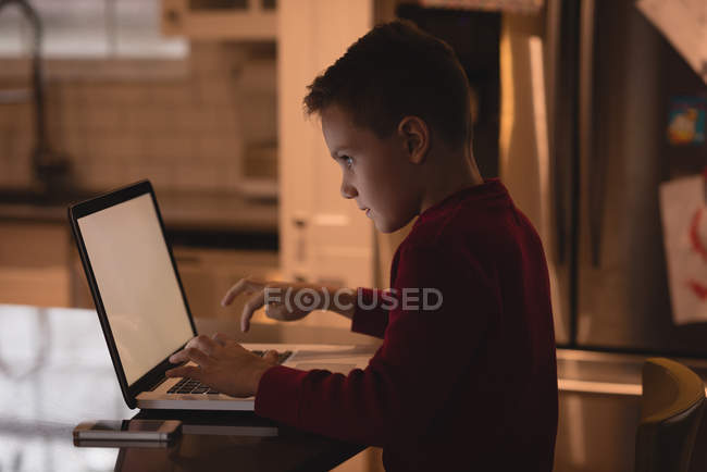 Rapaz atento usando laptop em casa — Fotografia de Stock