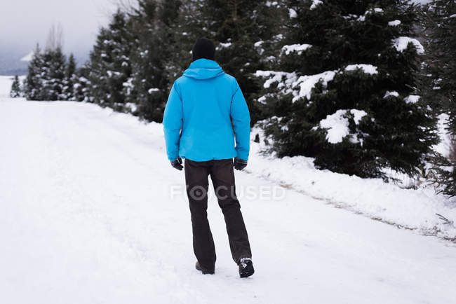 Vue arrière de l'homme marchant dans un paysage enneigé . — Photo de stock