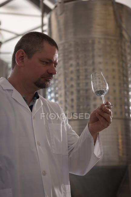 Männlicher Arbeiter überprüft Qualität von Gin in Fabrik — Stockfoto