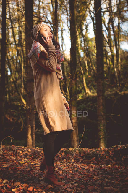 Woman talking on mobile phone in the forest — Stock Photo