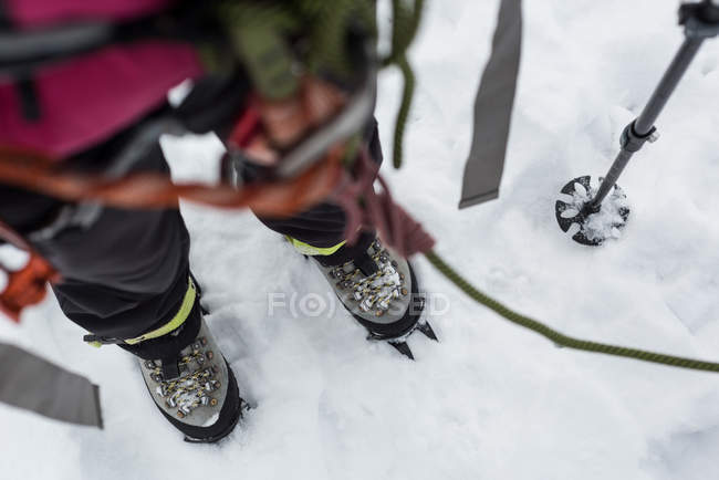 Крупним планом жінка альпіністка, що стоїть з джмелем і мотузкою в сніжному регіоні — стокове фото