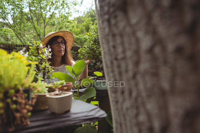 Nachdenkliche Frau arbeitet an einem sonnigen Tag im Garten — Stockfoto