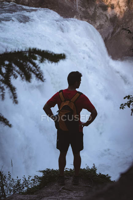 Vista trasera del hombre de pie con las manos en la cadera cerca de la cascada - foto de stock