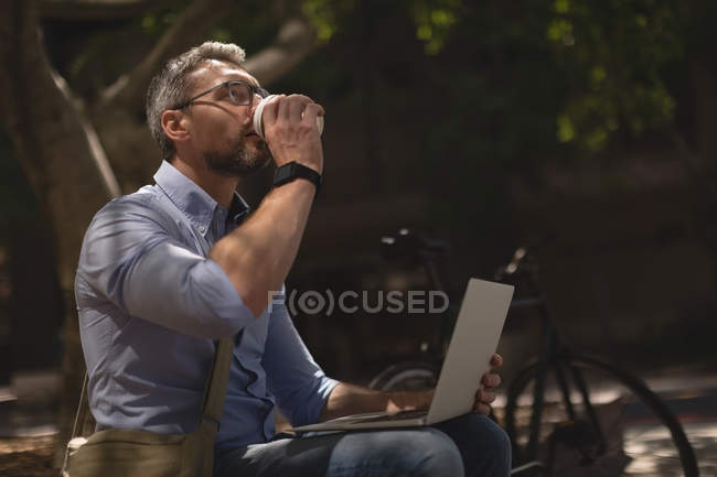 Uomo che utilizza il computer portatile mentre prende il caffè nel parco — Foto stock