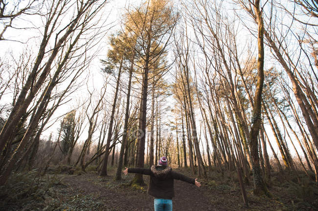 Vue arrière de la femme debout les bras tendus dans la forêt — Photo de stock