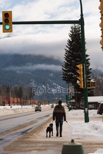 Visão traseira do homem andando com o cão na calçada durante o inverno . — Fotografia de Stock