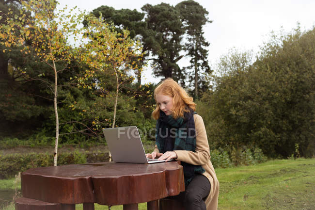 Молода жінка використовує ноутбук у парку — стокове фото