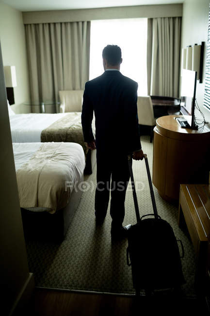 Rear view of businessman standing with luggage in hotel room — Stock Photo
