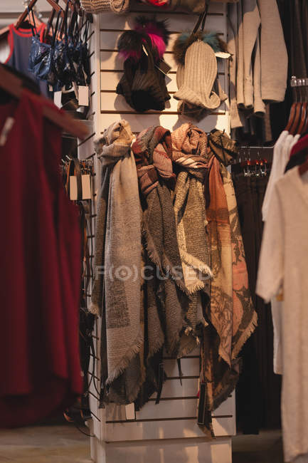 Varieties of mufflers and accessories in display at shopping mall — Stock Photo