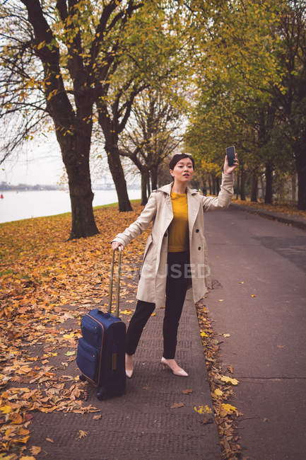 Businesswoman hailing on side of road during autumn — Stock Photo