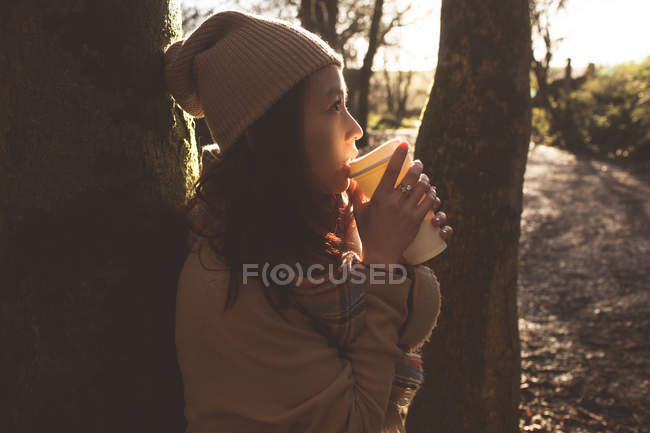 Femme prenant un café dans la forêt — Photo de stock